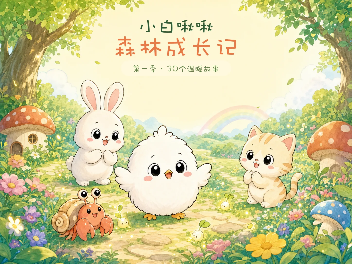 小白啾啾和兔兔、猫猫、居居站在森林小路上的绘本封面